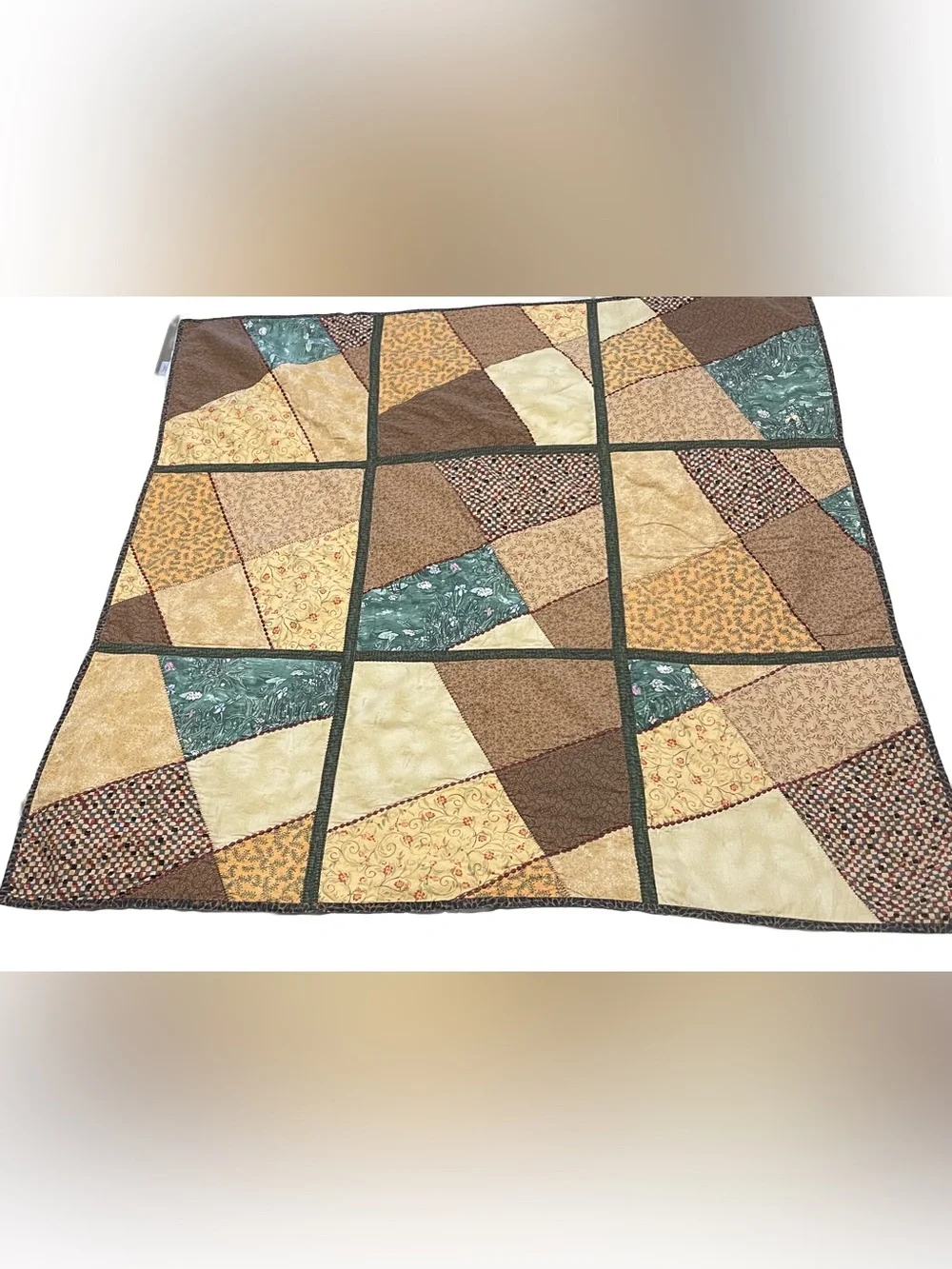 Handmade Patchwork Lap Quilt - Brown, Cream & Green with Lilly Pads